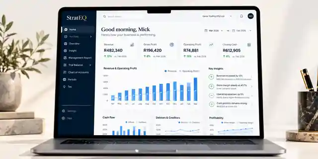 StratEQ Reporting dashboard on a laptop, showing fictional figures for Karoo Trading