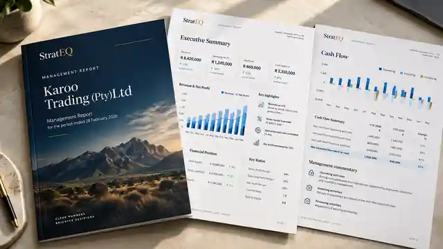 StratEQ management report with cover, executive summary and cash-flow pages, showing fictional figures for Karoo Trading